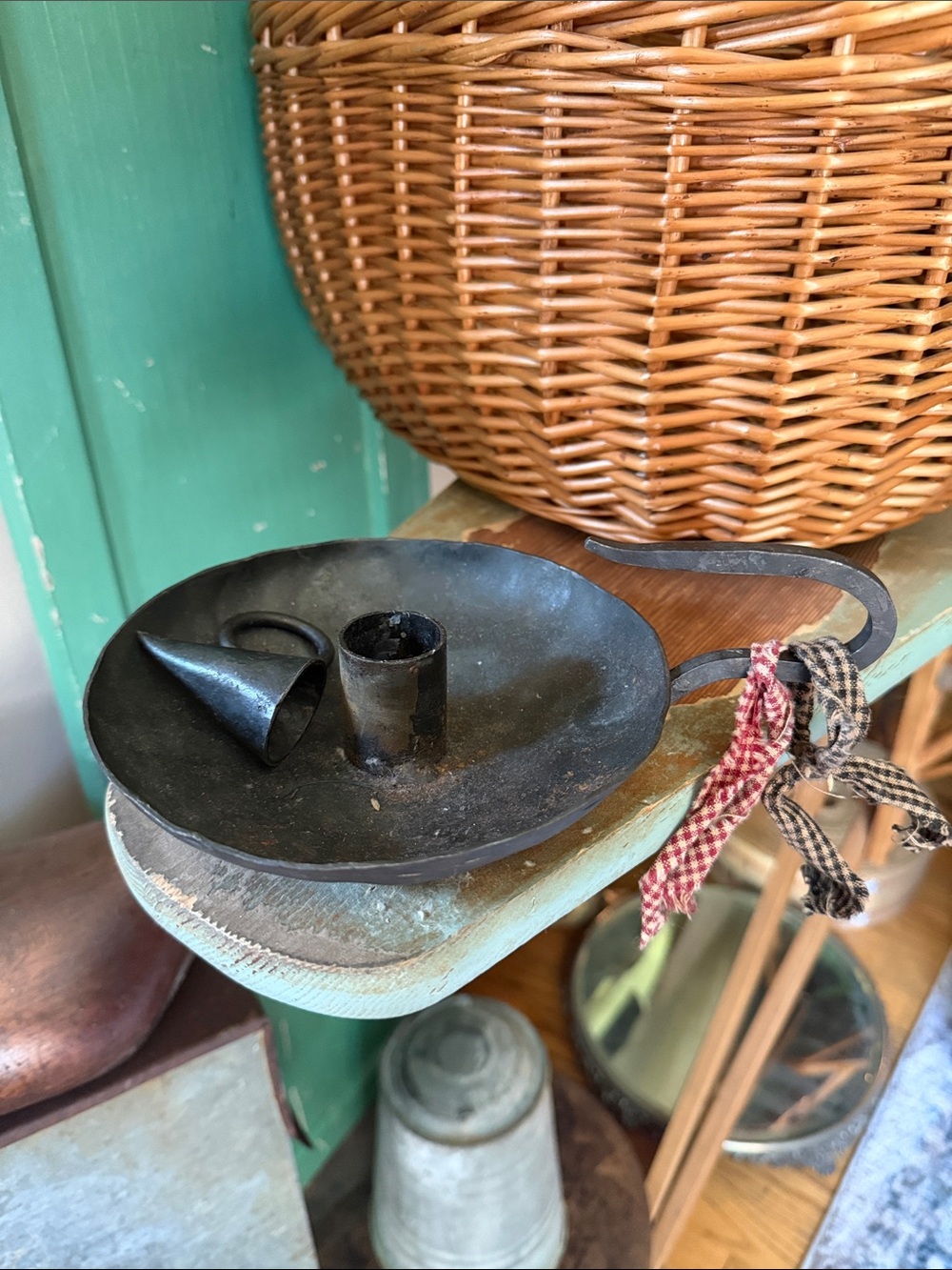 Vtg Primitive Forged Iron Heavy Duty Candle Holder and Snuffer